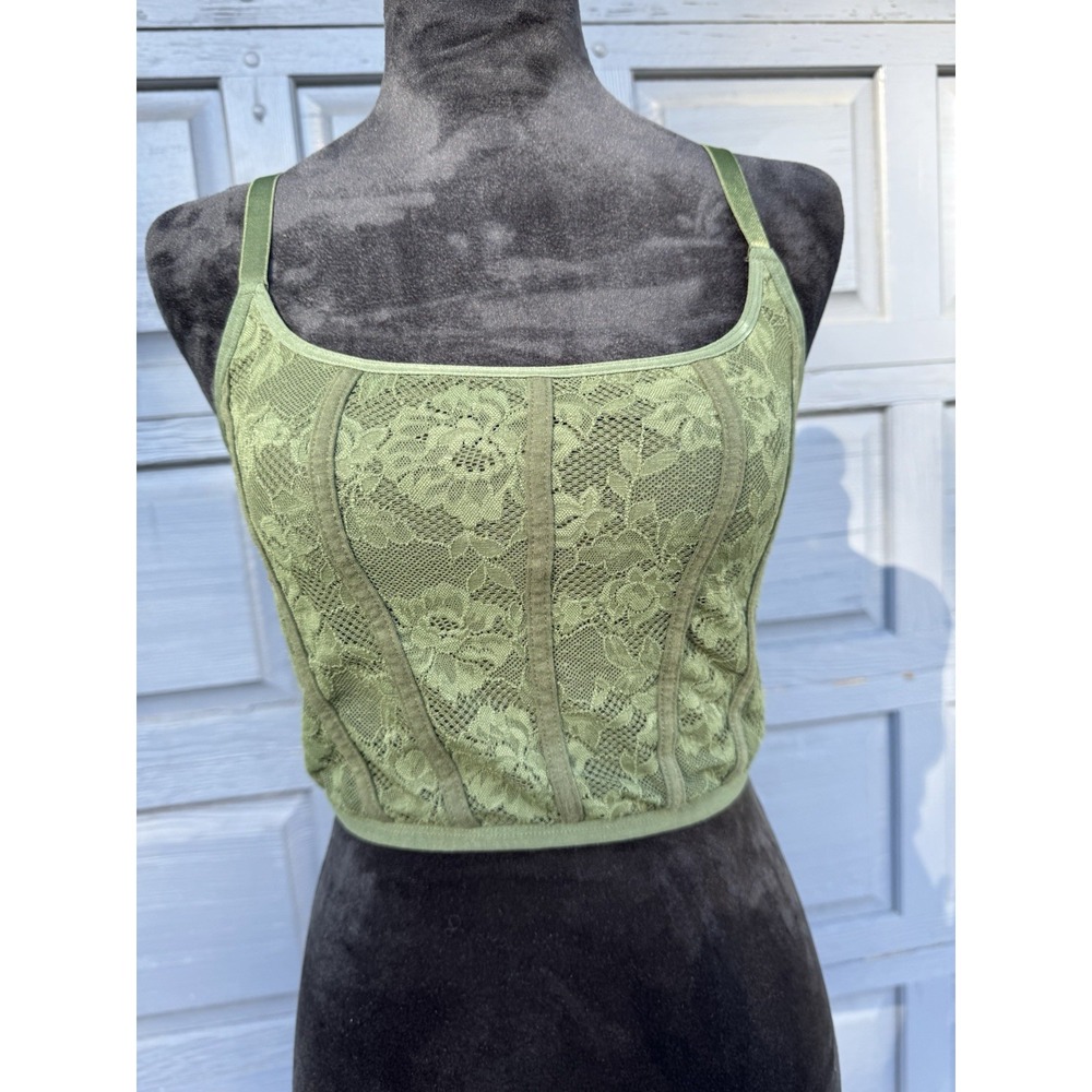 Green Lace Crop Tank Top Camisole Boning Look Army Cotton Lining Bra Size Medium